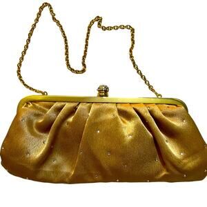 Vintage Gold Satin Rhinestone Jeweled Evening Bag Chain Strap Purse